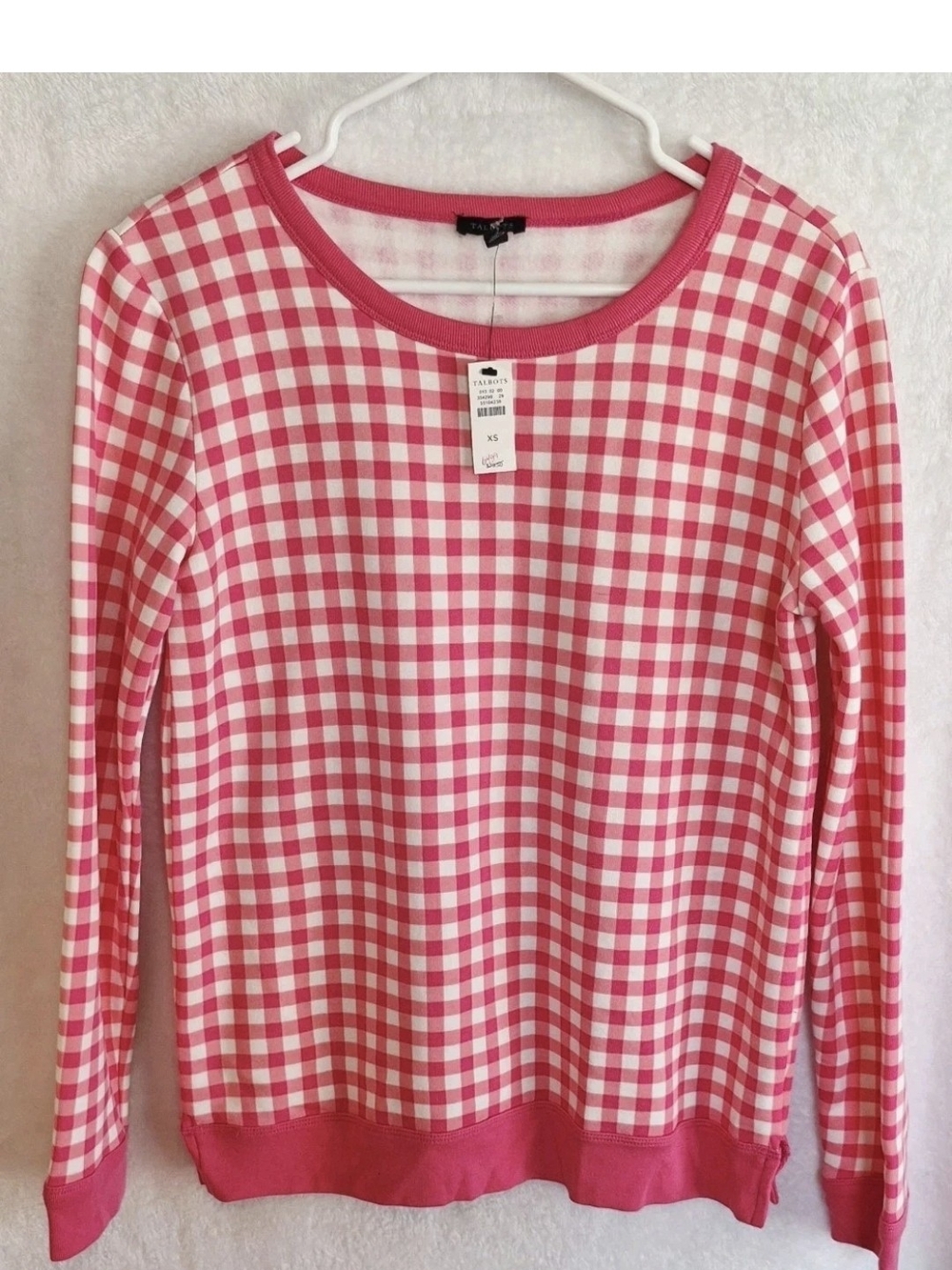 Talbots Raspberry White Gingham Check Long Sleeve Sweatshirt XS